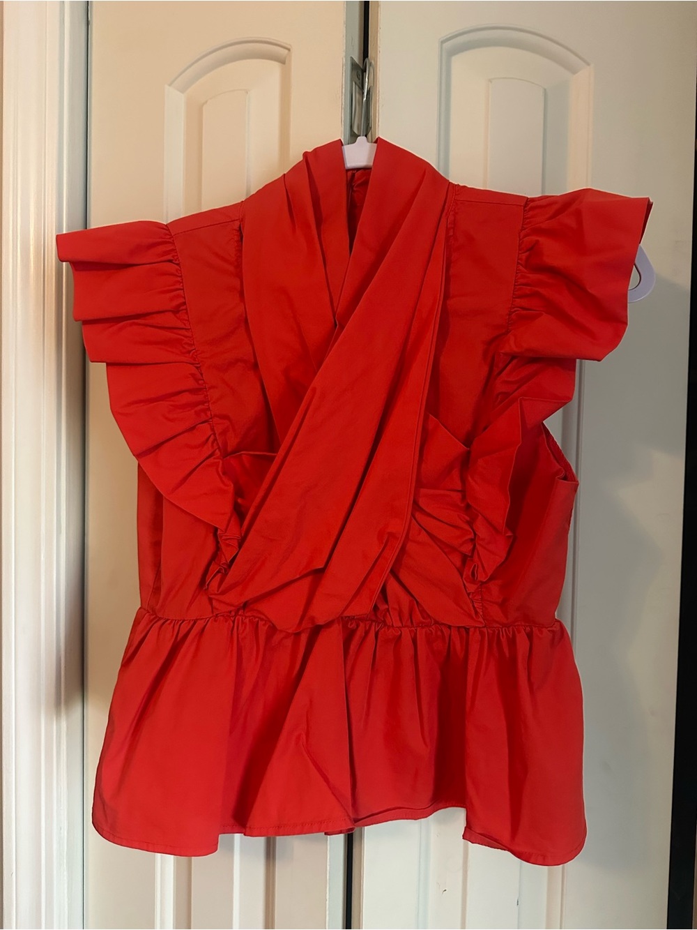 TCEC Red Ruffle Wrap-Style Peplum Top